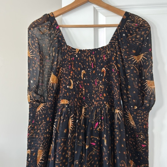 Farm Rio Leopard Sky Midi Dress w Smocked Bodice & Puffed Sleeve w MEASUREMENTS! - Picture 14 of 16